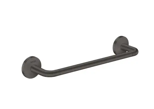 Schwarze Haltestange mit runden Wandbefestigungen, hergestellt von AXOR. Die Oberfläche ist gebürstet und hat eine matte Ausführung.